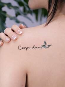1pc Minimalist Style "Carpe Diem" Blue Tail Text Pattern Tattoo Sticker, Temporary Tattoo Sticker, Realistic Tattoo Design, Suitable For Travel, Music Festivals, Games, Graduation Gifts, For 3-5 Days - Multicolor - View 3
