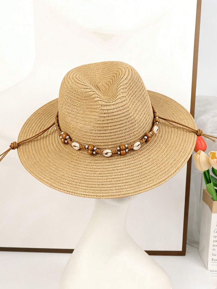 1pc Bohemian Straw Cowboy Hat / Beach Vacation / Unisex / Women's Accessory, Birthday Gift For Friends - Multicolor - View 1