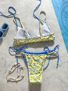 Traje de baño bikini retro de lunares y rayas para mujer, casual y a la moda para vacaciones, festivales de música, carreras de copas, Kentucky Derby, playa de verano. - Pequeñas flores amarillas - Ver 4
