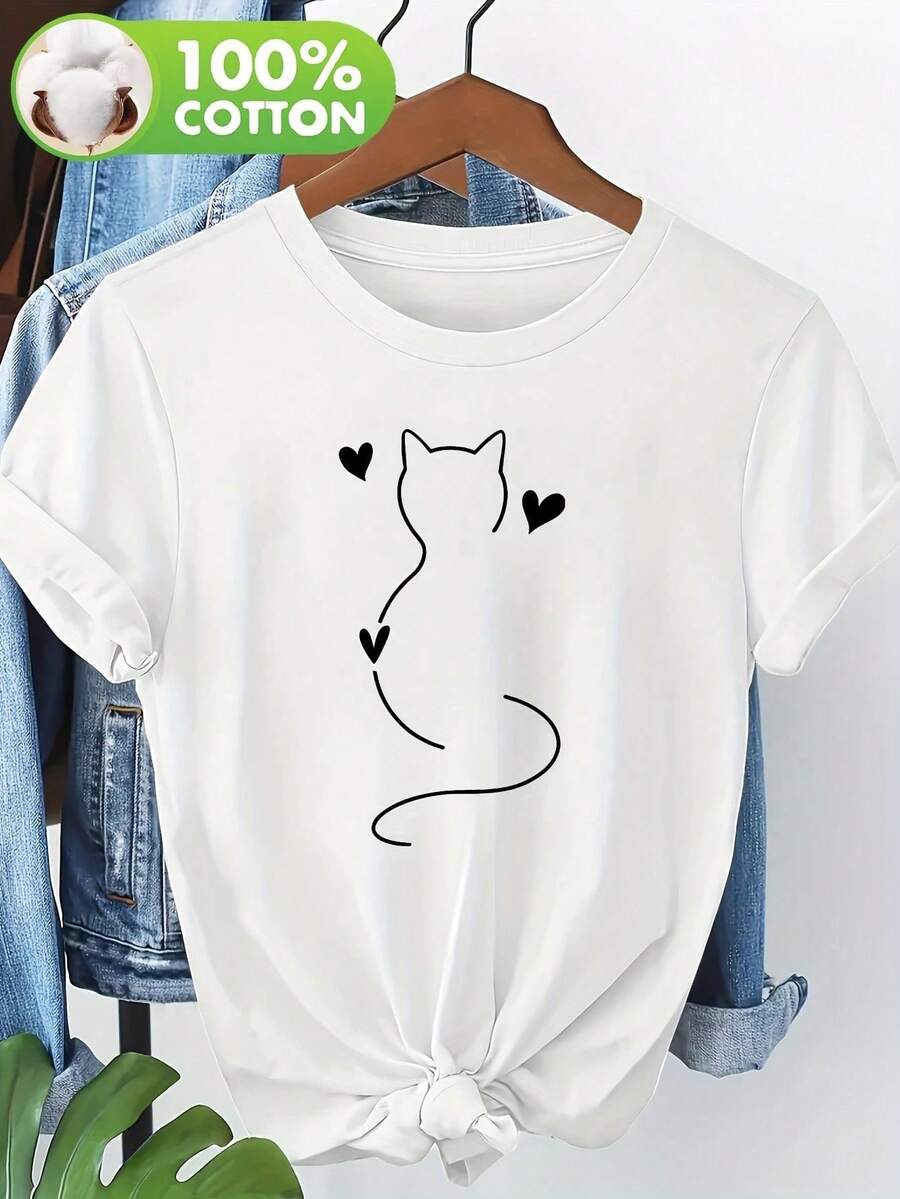 Camiseta de Mujer con Estampado de Gato Adorable, 100% Algodón, Manga Corta, NC-12396, Blusa para Salir para Mujer - Blanco - Ver 1