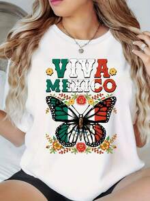 Camiseta de Mujer con Temática Mexicana, Corte Holgado, Estilo Casual, con Estampado Floral VIVA MEXICO y Gráfico de Mariposa, Blanca, para Uso Diario en Fiestas, Lavable a Máquina, Camiseta - Negro - Ver 1