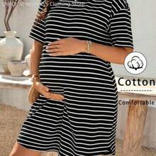 WNSS  Vestido casual de rayas de cuello redondo de manga corta para embarazadas, ropa de maternidad, vestido de maternidad, ropa para embarazadas, vestido azul de vacaciones, atuendos de vacaciones para mujer, vestido blanco de maternidad, vestido de maternidad transpirable y cómodo de rayas suelto - Negro01 - Ver 1