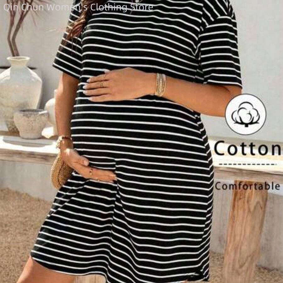 WNSS Vestido casual de rayas de cuello redondo de manga corta para embarazadas, ropa de maternidad, vestido de maternidad, ropa para embarazadas, vestido azul de vacaciones, atuendos de vacaciones para mujer, vestido blanco de maternidad, vestido de maternidad transpirable y cómodo de rayas suelto - Negro01 - Ver 1