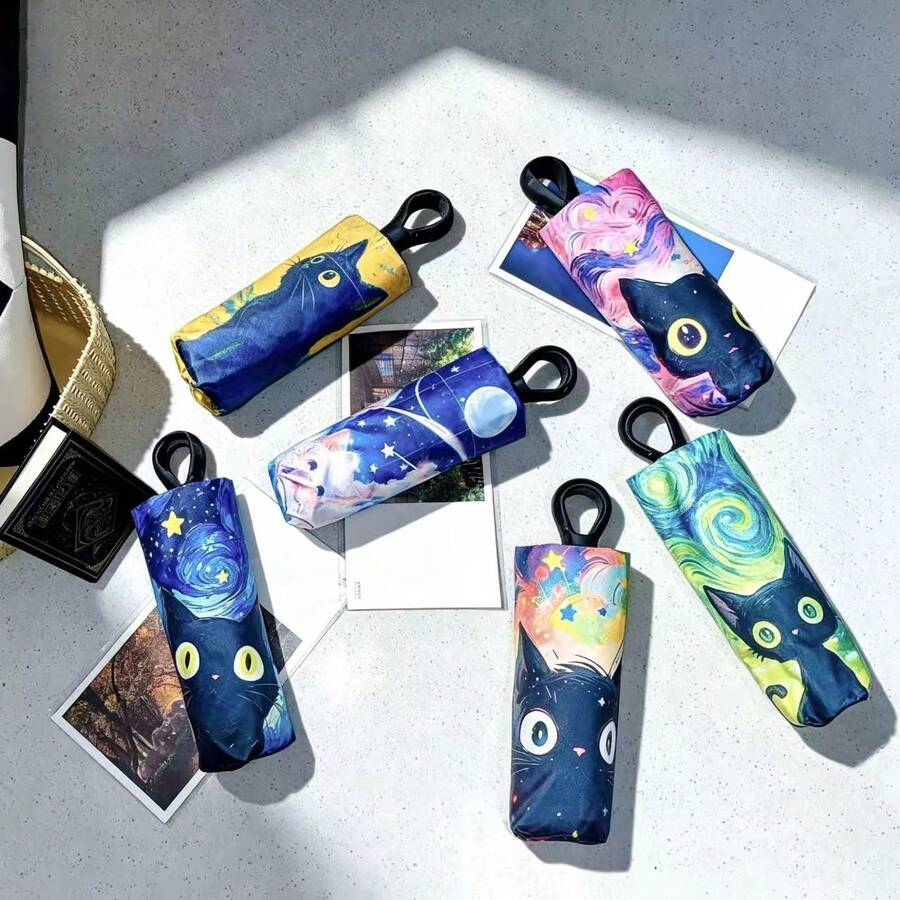 Convenient Ring Handle Van Gogh Oil Painting Cat Minimalist Fashion Suitable For Outdoor Travel Women's Fashion Sun And Rain Umbrella - Clasp Van Gogh Cat - View 1