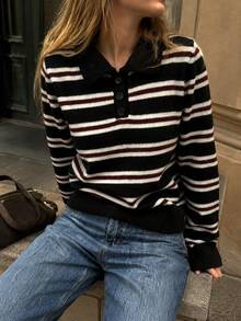 Striped Polo Collar Sweater, Loose Fit Contrast Color Knit Top, Versatile For Work And Leisure - Multicolor - View 3