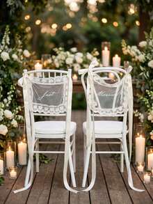 2pcs/Set Lace Newlywed/Bride & Groom Chair Back Decor Signs, Transparent Lace Decor Signs, Wedding Chair Decoration, Wedding Chair Banner Transparent Fabric Decor Signs - White Suit - View 3