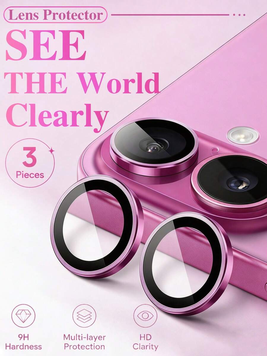 3pcs Pink CD Pattern High Definition Transparent Full Protection Camera Lens Protector, Compatible With Phone Cases, Suitable For IPhone 17 Pro Max 17 Pro 17 Air 17 16 Plus 16 15 14 13 12 11, Fashion Phone Accessory - Hot Pink - View 1