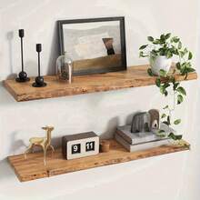 Rustic Wooden Floating Wall Shelf, Heavy Duty Mounted Display Rack, Easy To Install Storage Organizer, Suitable For Living Room Bedroom Bathroom Kitchen, Decorative Shelf For Plants Books Photos - Multicolor - View 4