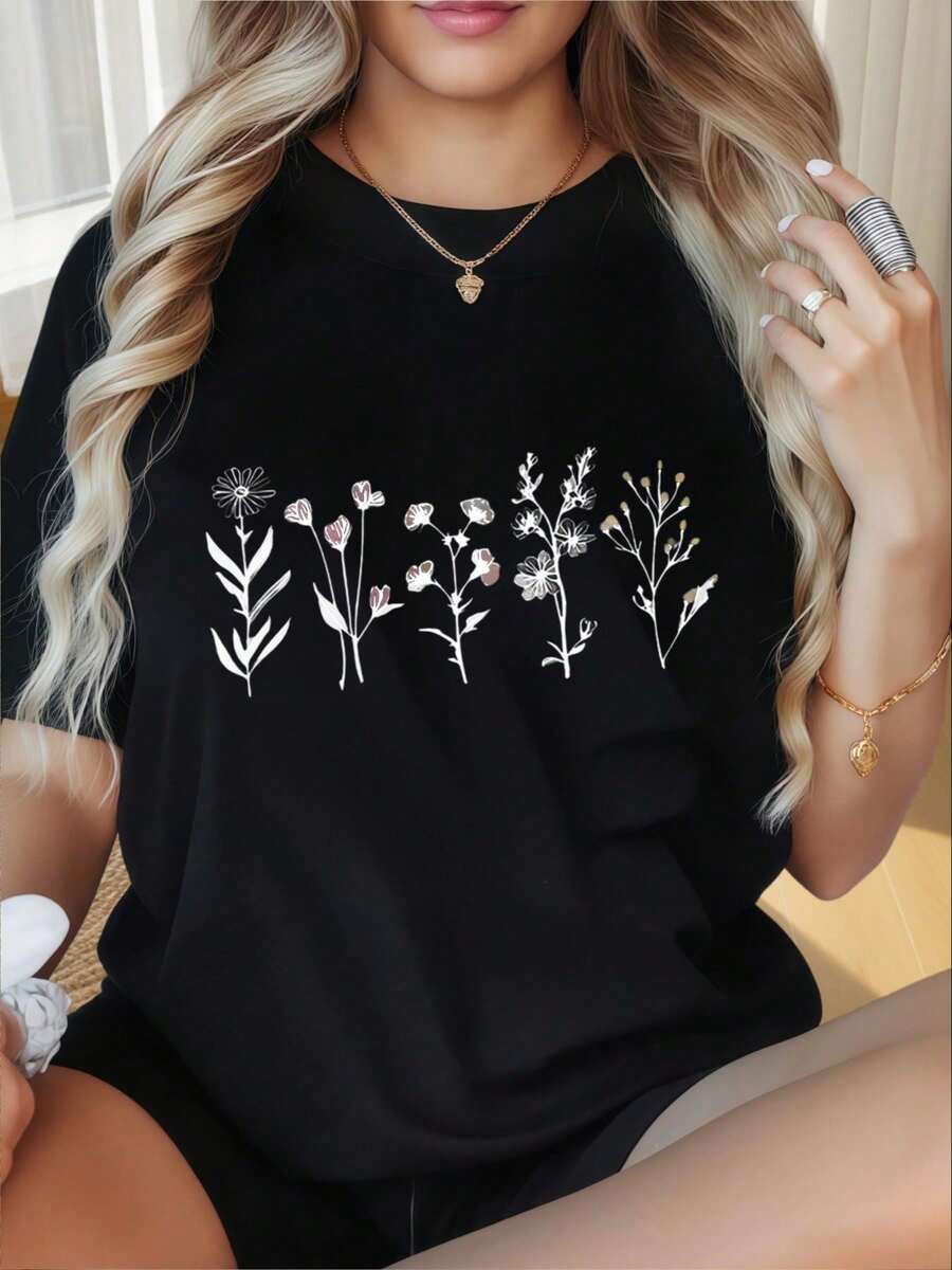 Camiseta Casual de Mujer con Cuello Redondo y Mangas Cortas, Estampado Divertido, Camiseta Bordada con Diseño Floral, Camiseta Casual de Corte Holgado para Mujer, Top de Manga Corta, Camiseta Gráfica de Moda de Verano con Diseño de Flores Delicadas, Adecuada para el Día de San Valentín, Fiestas de Navidad, Actividades Deportivas, Fiestas de Vacaciones, Salidas, Deportes y Otros Regalos Festivos. Moda - Negro - Ver 1