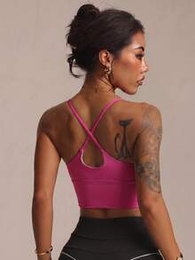 Women's Solid Color Wireless Criss-Cross Strap Fashionable Knit Sports Bra Spring - Hot Pink - View 2
