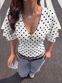 Y2K Sexy Casual Top With Pleated Waist And V-Neck, Fitted, Ideal For Daily Wear, Commuting, Dates And Summer Parties - 黑白圓點 - 查看 3
