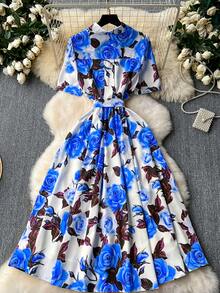 Elegant Women's Floral Print Dress With Short Sleeves, Lapel Collar, And Fitted Waist - Romantic Rose Design, Perfect For Spring Outings, Garden Parties, And Casual Events | Garden Party Dress | Floral Print Dress | Stylish Dress - 藍色 - 查看 2