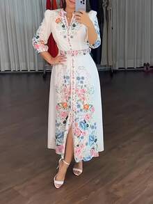 Vestido Casual de Mujer con Estampado Floral Colorido y Ribete en Contraste - Cuello Redondo de Alta Elasticidad, Manga Larga Lavable a Máquina para Todas las Estaciones - amarillo ganso - Ver 1