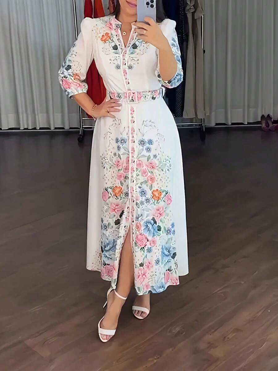 Vestido Casual de Mujer con Estampado Floral Colorido y Ribete en Contraste - Cuello Redondo de Alta Elasticidad, Manga Larga Lavable a Máquina para Todas las Estaciones - amarillo ganso - Ver 1