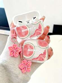 Funda de auriculares Bluetooth con diseño de sandía pintada, botón de flor transparente, engrosada, de moda, anti-caída, compatible con S4, funda protectora para auriculares inalámbricos Bluetooth Apple, carcasa brillante Pro2, cobertura completa, funda protectora para Pods 31/2/3 generación, carcasa suave anti-caída Pro - Multicolor - Ver 1
