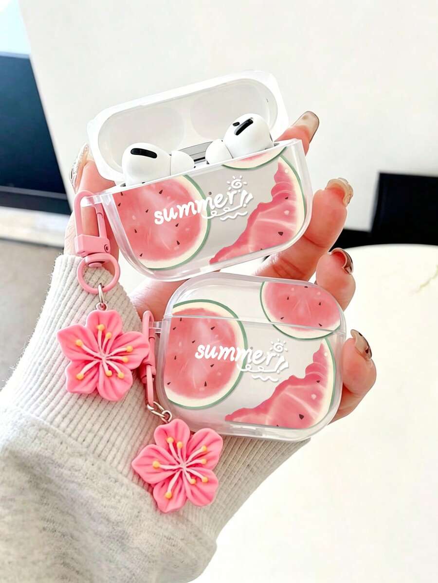 Funda de auriculares Bluetooth con diseño de sandía pintada, botón de flor transparente, engrosada, de moda, anti-caída, compatible con S4, funda protectora para auriculares inalámbricos Bluetooth Apple, carcasa brillante Pro2, cobertura completa, funda protectora para Pods 31/2/3 generación, carcasa suave anti-caída Pro - Multicolor - Ver 1