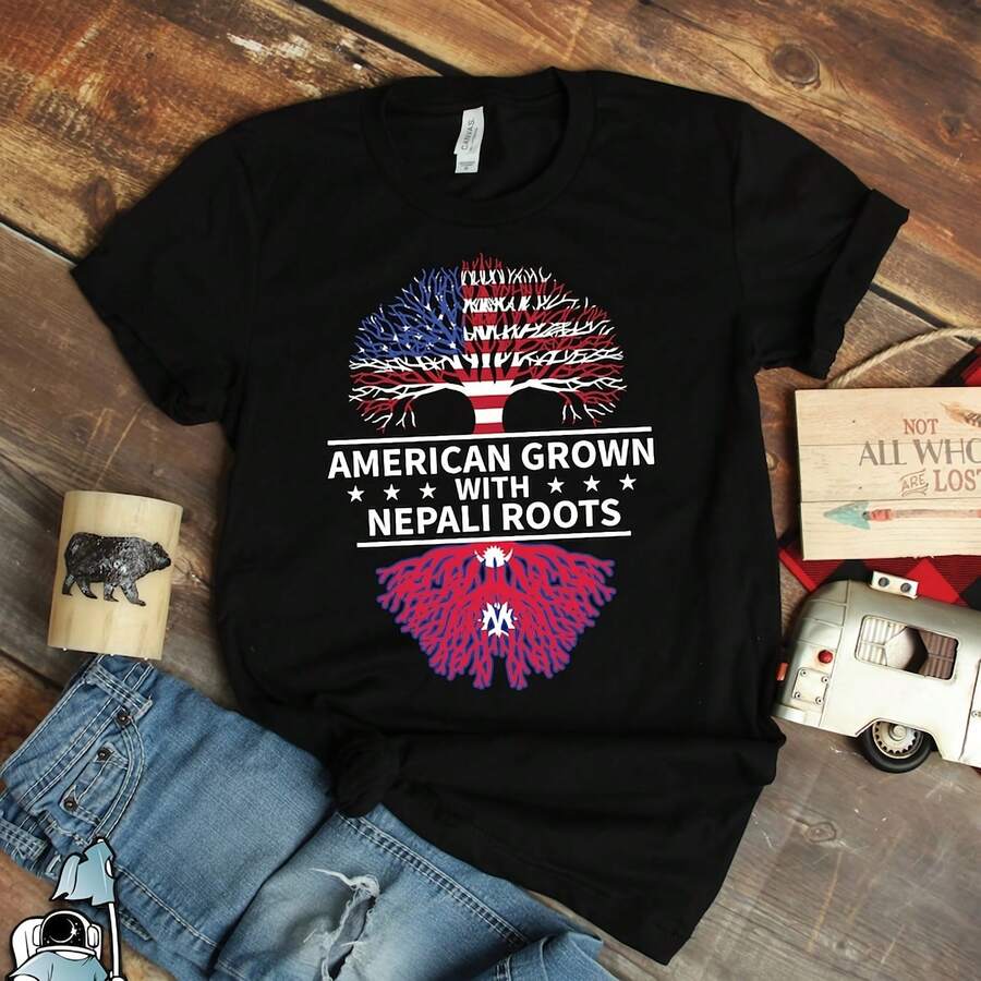 Nepali Roo An Grown Shirt, Nepal Shir, Nepal Art, Nepalese Flag Shirt, Nepal Heritage Shirt - Negro - Ver 1
