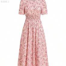 xuehuamaoyi02  Vestido elegante de longitud media con cuello redondo, manga corta, estampado floral y cinturón para mujer - Blanco - Ver 7