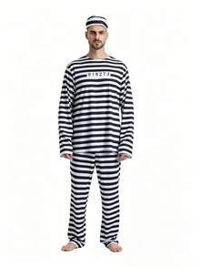 1 Set Uniforme de prisionero de estilo anime para Halloween, disfraz clásico de raya de convicto para actuación en el escenario para hombres - Blanco y Negro - Ver 5