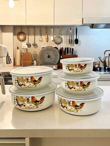 5PCS Enamel Multi-Function Bowl Set, Suitable For Vegetables, Fruits, Salads, Oatmeal Preparation, Suitable For Home Kitchen, Outdoor Camping, Can Be Put In Refrigerator As Fresh-Keeping Bowl, Stackable Storage Bowl With Lid, Back To School Gift - Retro Multi-colored Bowl - View 6