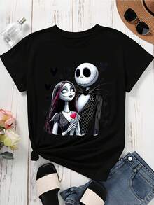 Disney Crew Neck  T Shirt Black Jack Skellington And Sally Print For Halloween Party And Casual Wear - 黑色 - 查看 3