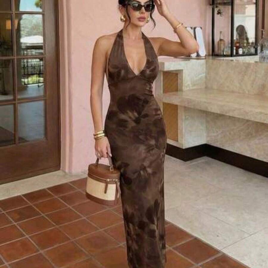 dagjydgfyja Nuevo vestido elegante y romántico con cuello en V, estampado floral efecto tie-dye, ajustado, color marrón, vestido de verano, atuendo para playa y vacaciones - Marrón - Ver 1