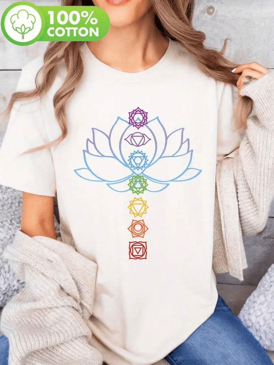Lotus Symbol With Chakras In Colors Representing Spiritual Balance, Inner Energy, And Positive Connection. Women's T-Shirt, 100% Soft And Comfortable Cotton. - 白色 - 查看 1