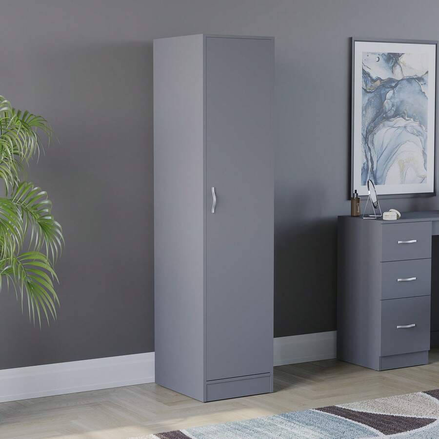 Home Discount Vida Designs Riano 1 Door Wardrobe Storage Organisation Bedroom Furniture Tall Lone Standing Cupboard Easy To Build MDF - Grey - Grey - View 1