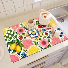 1pc Dish Drying Mat, Coffee Machine Mat, Lemon Grapefruit Cherry Floral Geometric Plaid Patchwork Polyester Fiber Absorbent Mat, Durable, Strong Water Absorption, Suitable For Dining Table, Cafe, Multi-Purpose Drainage Mat, Home Gift, Tabletop Decor - XYLSD-453 - View 6