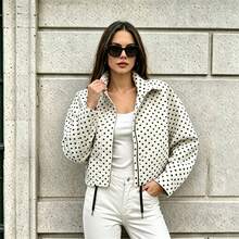 Women's Polka Dot Short Jacket, Fashionable Long Sleeve Hoodie Jacket With Drawstring High Collar Vacation White - White - View 1