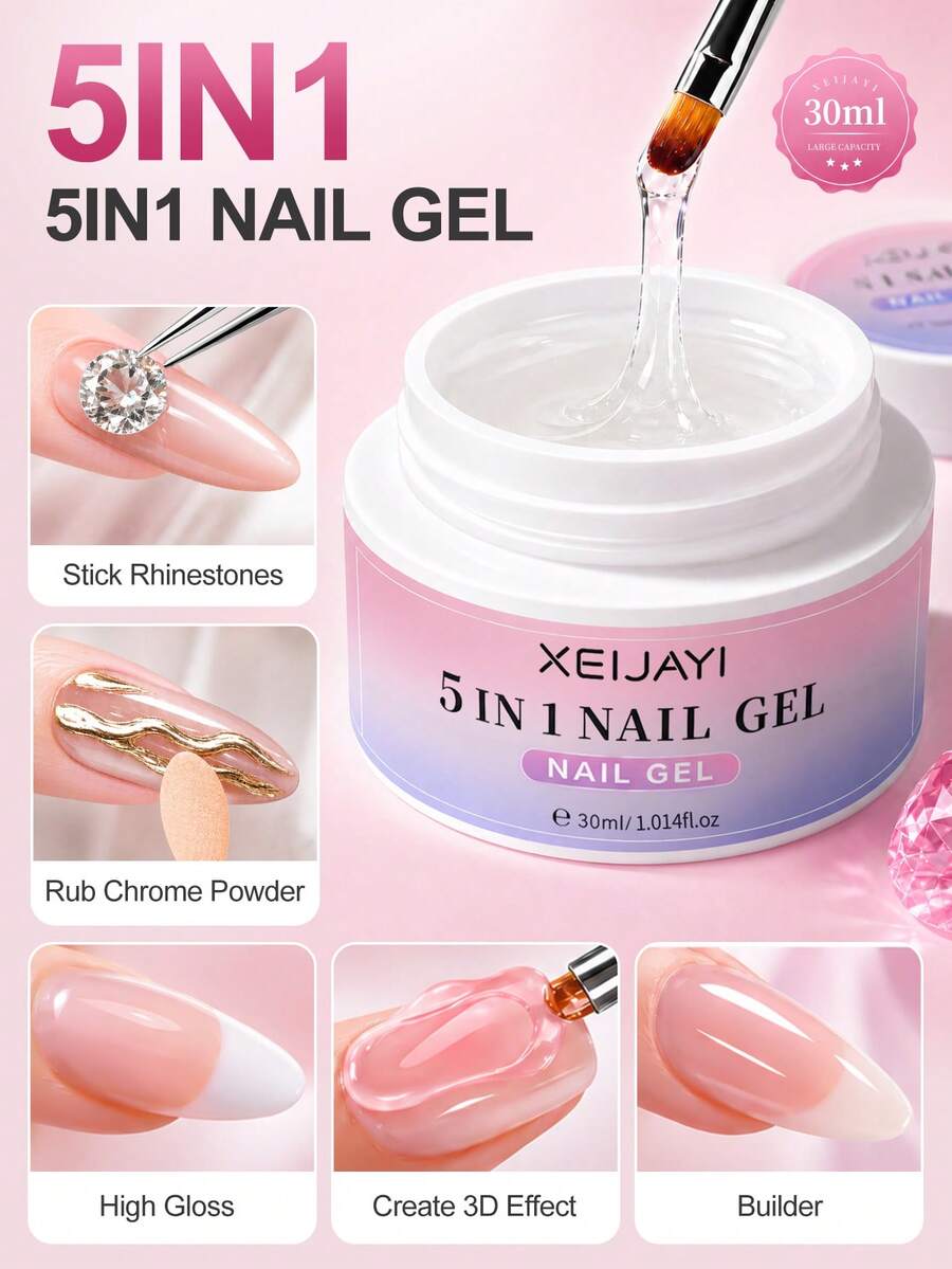 1 buah 30ml Kutek Gel Perekat Multifungsi Keras, 5-in-1 dengan Lapisan Atas, Penguat, Penguat Bubuk, dan Perekat Rhinestone - Desain Tanpa Lap - Clear - View 1