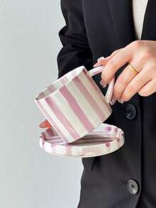 1 Juego de taza y platillo de cerámica a rayas azul y blanco, juego de café/té de color de contraste retro, juego de té de la mañana/tarde con amigos, decoración de apartamento, regalo para compañeros de trabajo - Multicolor - Ver 17