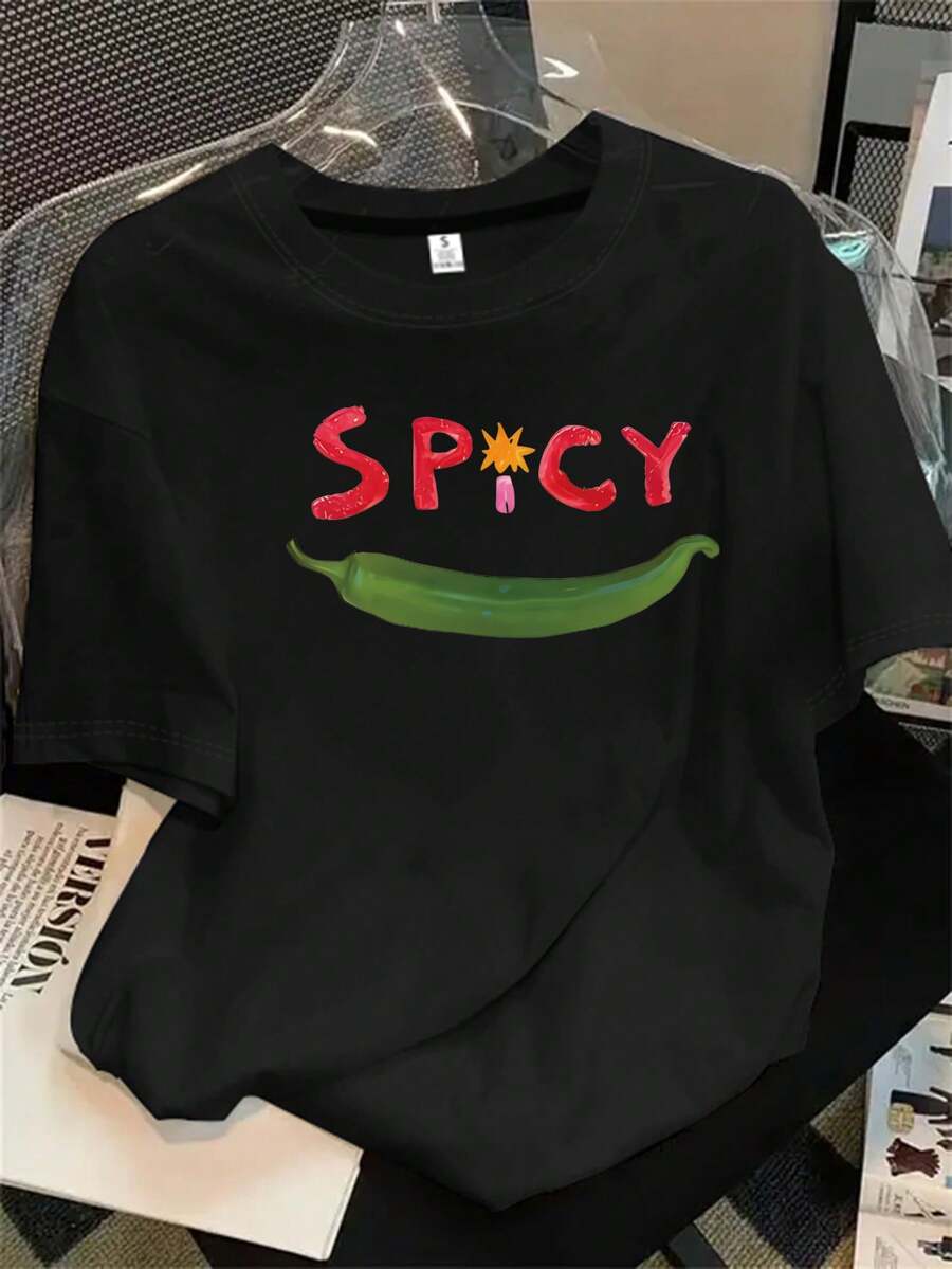 Camiseta de manga corta y cuello redondo para mujer, de color verde con estampado de chile picante, apta para todas las estaciones. - Negro - Ver 1