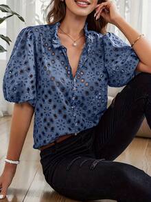 Elegant Lace Blouse With Eye Embroidery And Puff Sleeves For 2024 - Navy Blue - View 2
