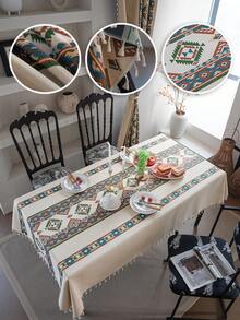 1PC Beige Geometric Retro Print Tablecloth With Tassel Edge, Rectangular Anti-Stain Dining Table Mat For Home Use - Multicolor - View 9