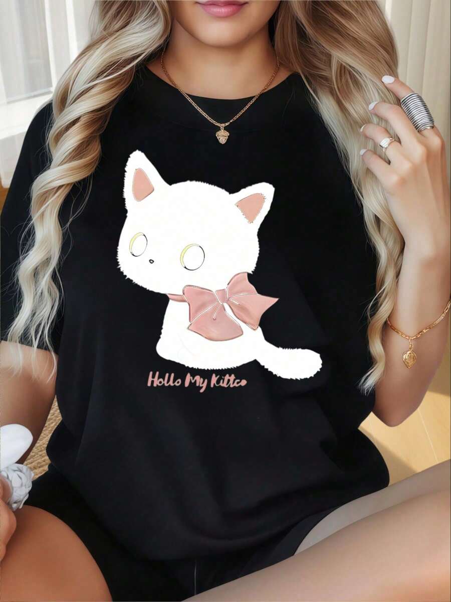 Women's Casual Round Neck Short Sleeve T-Shirt With Fun Cat Print, Kitten Design, Soft And Comfortable Short Sleeve Top With Pink Bow, Fashionable T-Shirt, Suitable For Valentine's Day, Christmas, Parties, Sports Activities, Holiday Parties, Outings, And Other Festive Gifts. - 黑色 - 查看 1