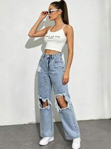 Women's Summer Clothing, Women's Jeans, Ripped Jeans, Straight-Leg Jeans And Long Denim Pants. The Fabric Is Soft, Lightweight, Wear-Resistant And Durable With Good Draping Performance. It Is Wrinkle-Resistant, Shape-Retaining And Skin-Friendly. Ideal For Summer Outfits, Daily Looks, Street Styles, Fashion Shows, Dates, Valentine's Day, Campus Commutes, Rural Occasions And Concert Wear. - 藍色 - 查看 3
