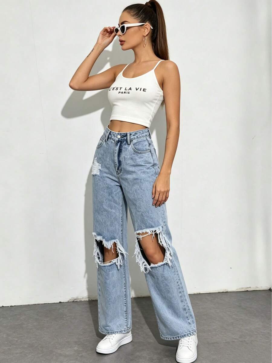 Women's Summer Clothing, Women's Jeans, Ripped Jeans, Straight-Leg Jeans And Long Denim Pants. The Fabric Is Soft, Lightweight, Wear-Resistant - 藍色 - 查看 1