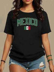 Women's 100% Cotton 180g T-Shirt, National Pride And Mexican Spirit Represented By The Tricolor Flag And The Name Mexico In Large Letters. Comfortable And Modern 100% Cotton T-Shirt For Everyday Wear - 黑色 - 查看 1