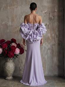 Smilprince 1pc Light Purple Floral Embroidered Beaded Strapless Puff Sleeve Off-Shoulder Tie Back Open Back High Slit Satin Mermaid Evening Gown - Mauve Purple - View 2