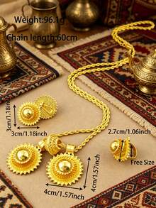Middle Eastern Jewelry Set - Traditional Sun Pendant Necklace, Earrings, And Ring Combination - Yellow Gold - View 6