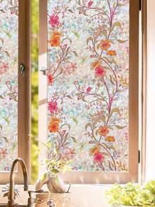 1 Roll Watercolor Floral Bird Window Film, 44.5cm(17.5in) Width, Static Cling Non-Adhesive Privacy Glass Sticker, Iridescent Holographic Prism Effect, UV Blocking, Removable, With Installation Tools, For Home Office School Classroom Dormitory - Red - View 11