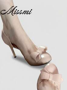 Black Bow Tie Stiletto High Heel Pumps, Women's Round Toe Side Cut-Out Slip-On Shoes,Wedding Outfits - Pink - View 5