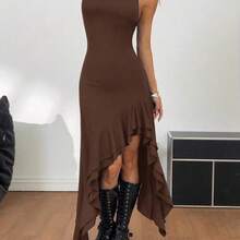 dahkjdgajy  Vestido sin mangas con volantes en el bajo, unicolor, corto por delante y largo por detrás, atuendo bohemio para conciertos - Marrón - Ver 6