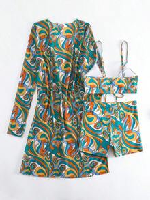 Full Print String Bikini With Kimono Beach Cover-Up 3-Piece Geometric Print Bikini Set, V-Neck Boxer Short Bottom With Cover-Up Shirt, Long Sleeves Swimsuit, Women's Swimwear - 墨綠色1 - 查看 5