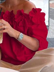 New Elegant Off-Shoulder Shirt With Solid Color 3D Floral Print - Versatile For Women - Spring/Summer - [Red] - View 2
