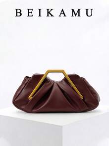 Wine Red Pleated Cloud Clutch Bag With Metal Frame, Luxury Vintage Style Wedding Date Niche High-End Women's Bag, Suitable For College, Commute, Shopping, Strolling, Daily Use - Burgundy - View 2