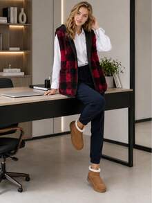 Women's Winter Fleece Vest With Reversible Hood. - Black and Red - View 3