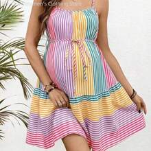 WNSS  Vestido corto casual de maternidad con tirantes finos y diseño de rayas multicolor para mujeres embarazadas - Multicolor - Ver 1