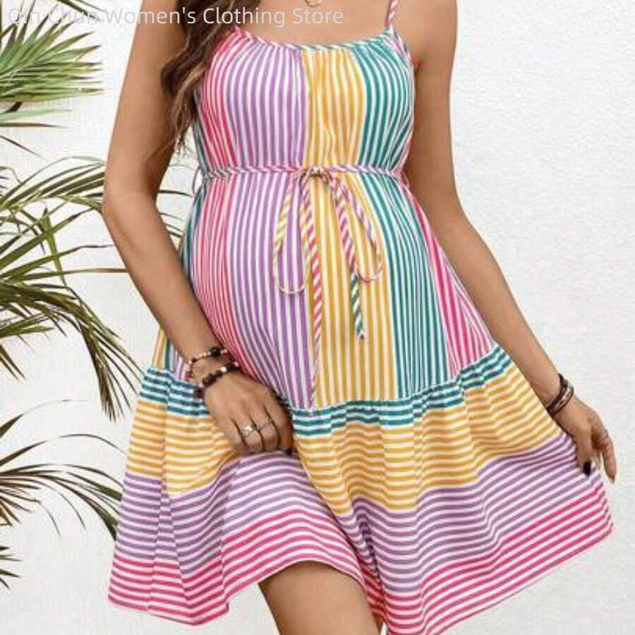 WNSS Vestido corto casual de maternidad con tirantes finos y diseño de rayas multicolor para mujeres embarazadas - Multicolor - Ver 1
